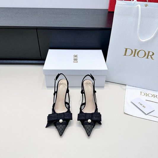 БОСОНІЖКИ DIOR 26S НА ПІДБОРАХ З ГОСТРИМ НОСКОМ 85 ММ З ЧОРНОЇ ТКАНИНИ З БАНТОМ З ПЕРЛІВ