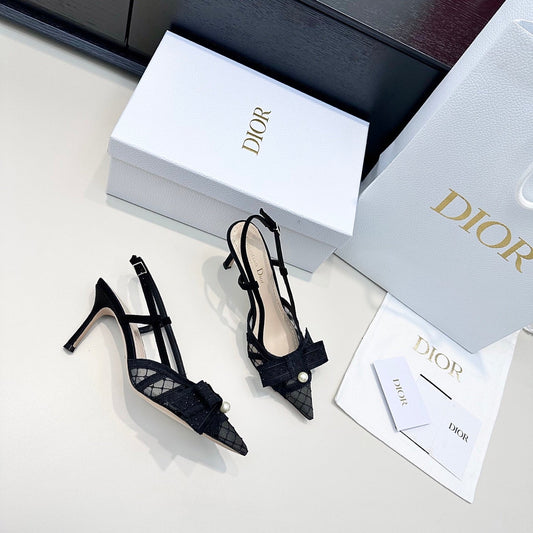 БОСОНІЖКИ DIOR 26S НА ПІДБОРАХ З ГОСТРИМ НОСКОМ 85 ММ З ЧОРНОЇ ТКАНИНИ З БАНТОМ З ПЕРЛІВ
