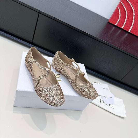 DIOR 26S БАЛЕТКИ ІЗ ЗОЛОТИСТОЇ ЛАМІНОВАНОЇ ШКІРИ ЯГНЯТИ ТА БЛИСКІТОК
