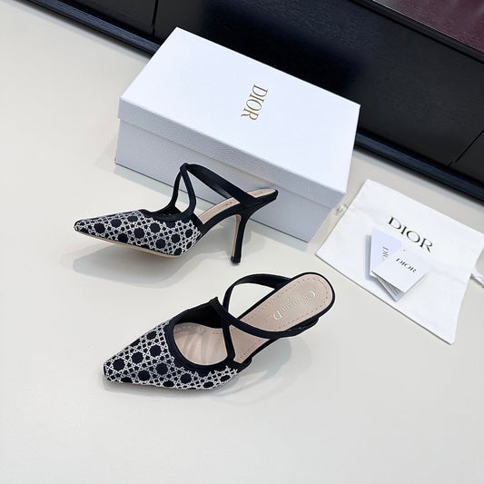 БОСОНІЖКИ DIOR 26S НА ПІДБОРАХ 100 ММ, ЧОРНИЙ АТЛАС І СРІБНІ СТРАЗИ CANNAGE