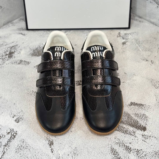RETRO SNEAKERS WITH RIPTAPE STRAPS IN BLACK LAMBSKIN KNITTED PATTERN - 35