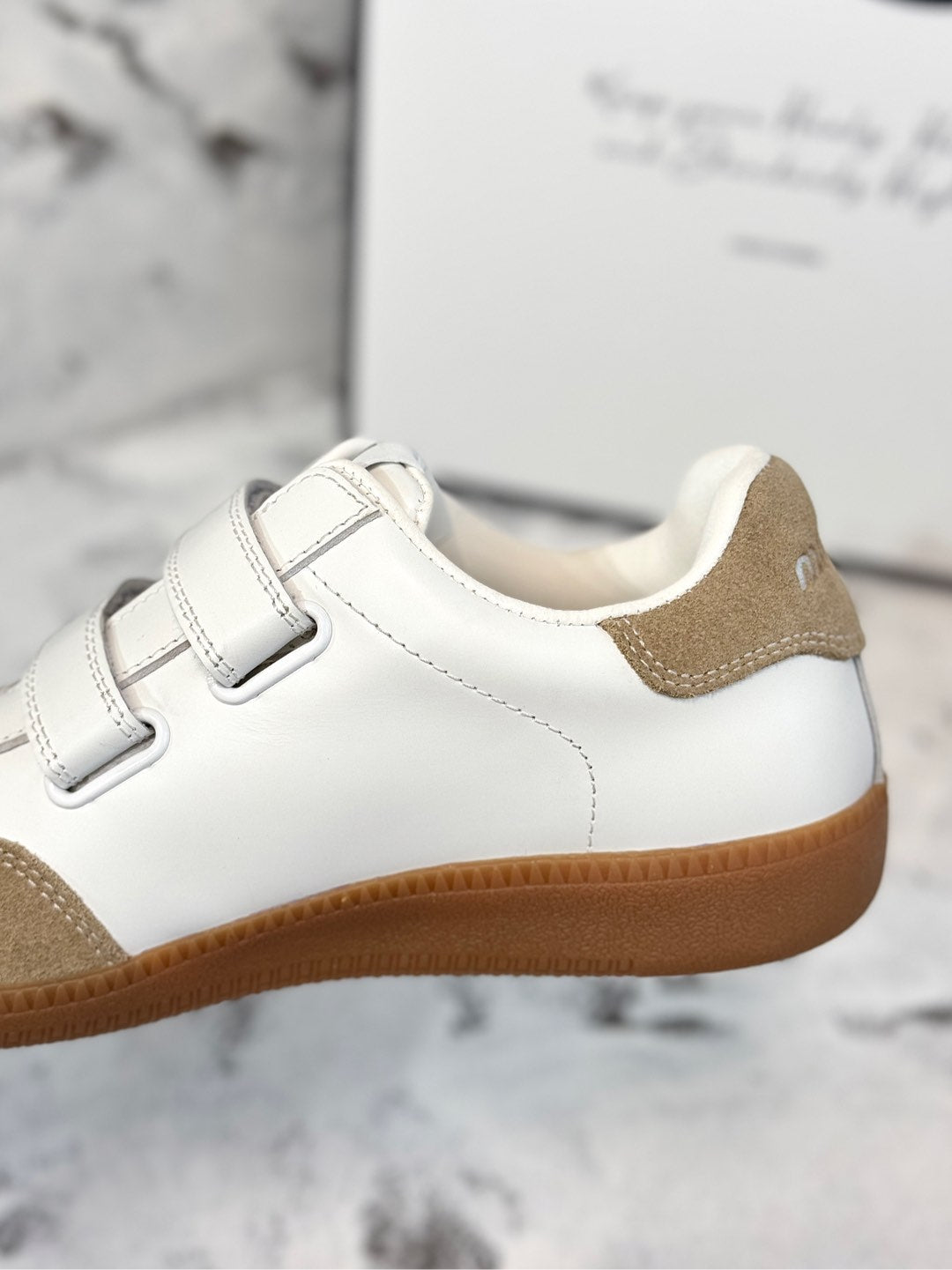 RETRO SNEAKERS WITH RIPTAPE STRAPS IN WHITE LAMBSKIN MIX PEANUT SUEDE - 35
