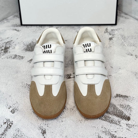 RETRO SNEAKERS WITH RIPTAPE STRAPS IN WHITE LAMBSKIN MIX PEANUT SUEDE - 35