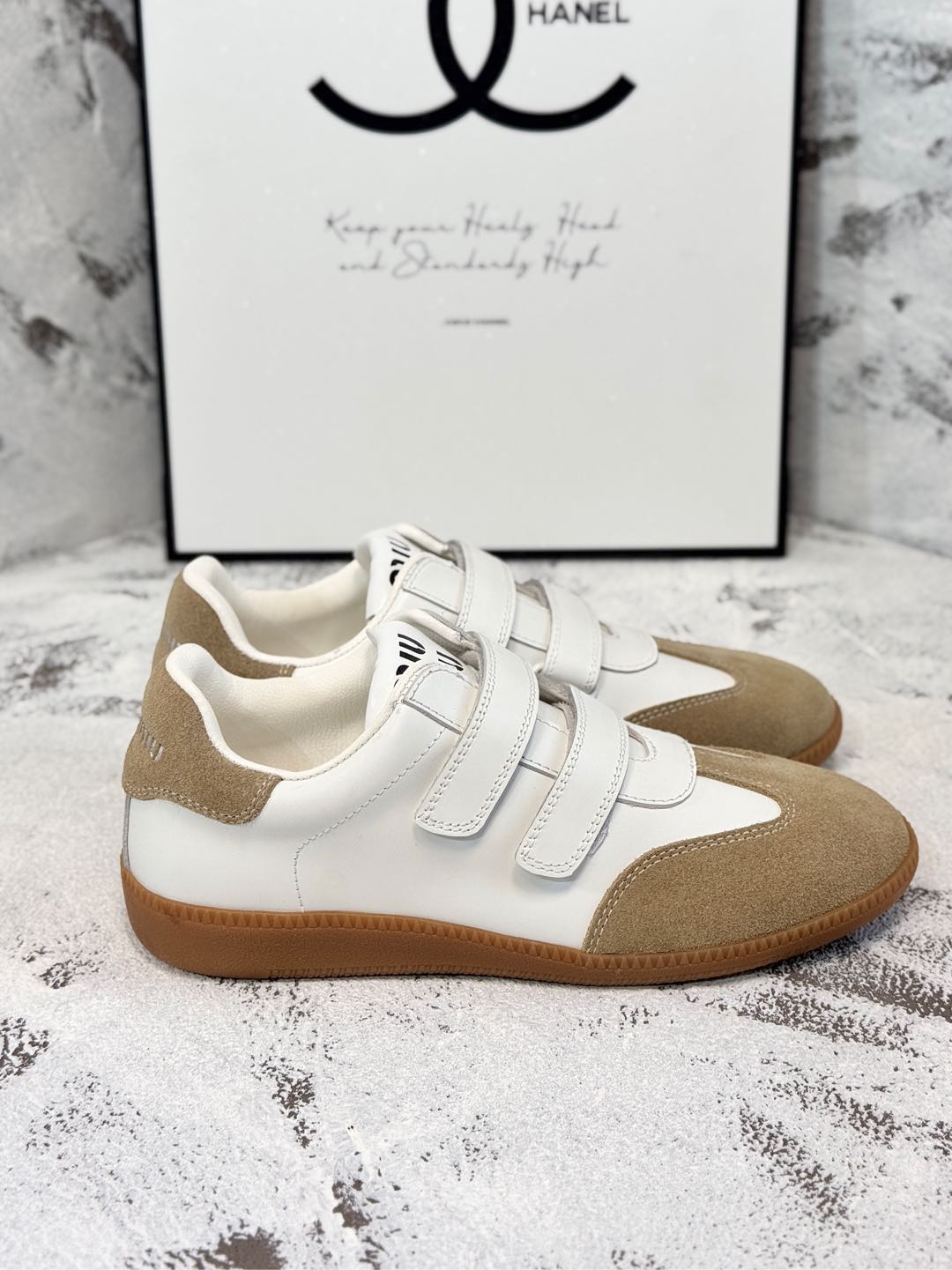 RETRO SNEAKERS WITH RIPTAPE STRAPS IN WHITE LAMBSKIN MIX PEANUT SUEDE - 35