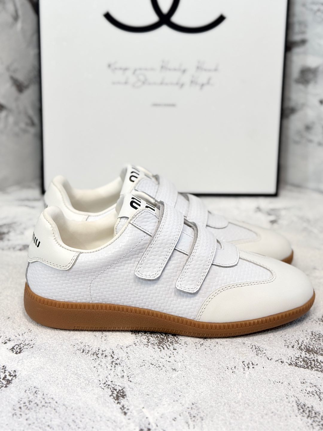 RETRO SNEAKERS WITH RIPTAPE STRAPS IN WHITE LAMBSKIN KNITTED PATTERN - 35