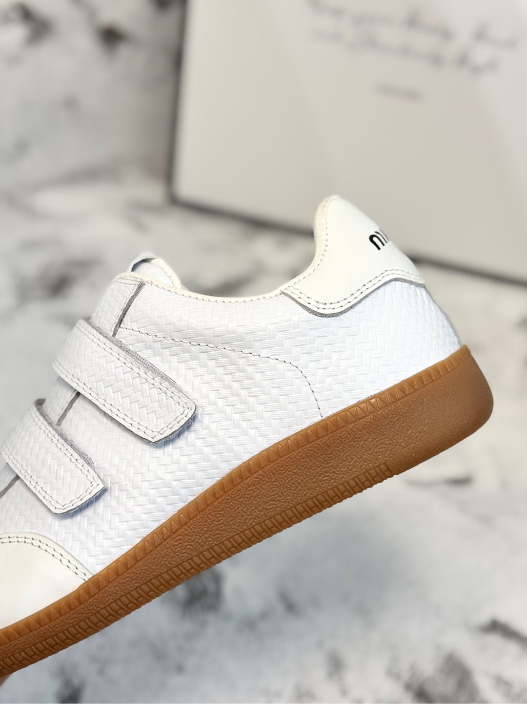 RETRO SNEAKERS WITH RIPTAPE STRAPS IN WHITE LAMBSKIN KNITTED PATTERN - 35