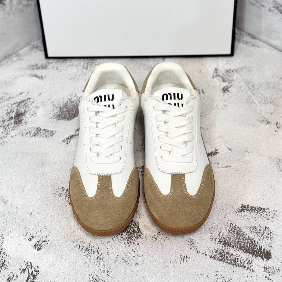 RETRO SNEAKERS IN WHITE LAMBSKIN MIX PEANUT SUEDE - 35