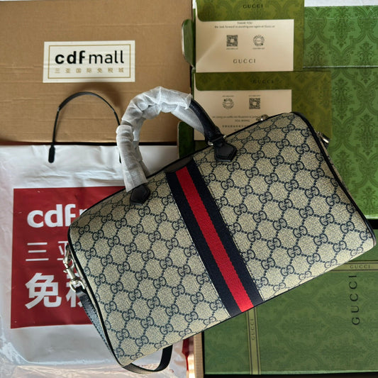 ВЕЛИКА СУМКА OPHIDIA BOSTON 31 З БЕЖЕВОЇ ТА СИНЬОЇ ШКІРИ GG CALFSKIN