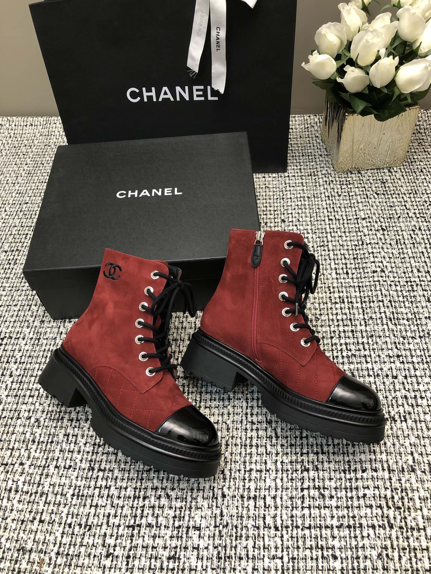 SHORT BOOTS GARNET RED MIX BLACK SUEDE LAMBSKIN - 34