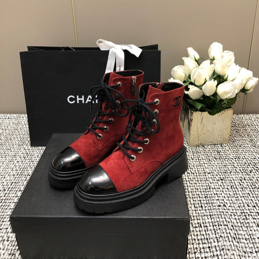 SHORT BOOTS GARNET RED MIX BLACK SUEDE LAMBSKIN - 34