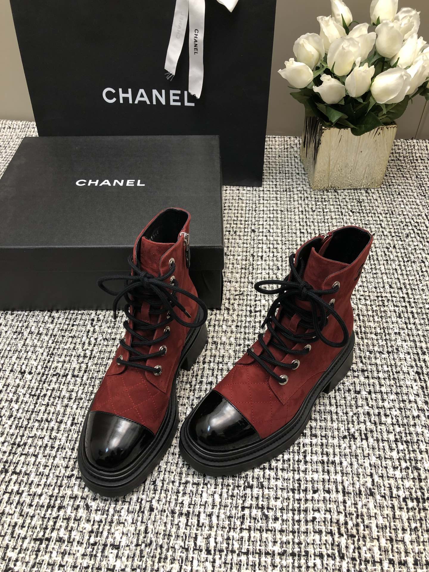 SHORT BOOTS GARNET RED MIX BLACK SUEDE LAMBSKIN - 34