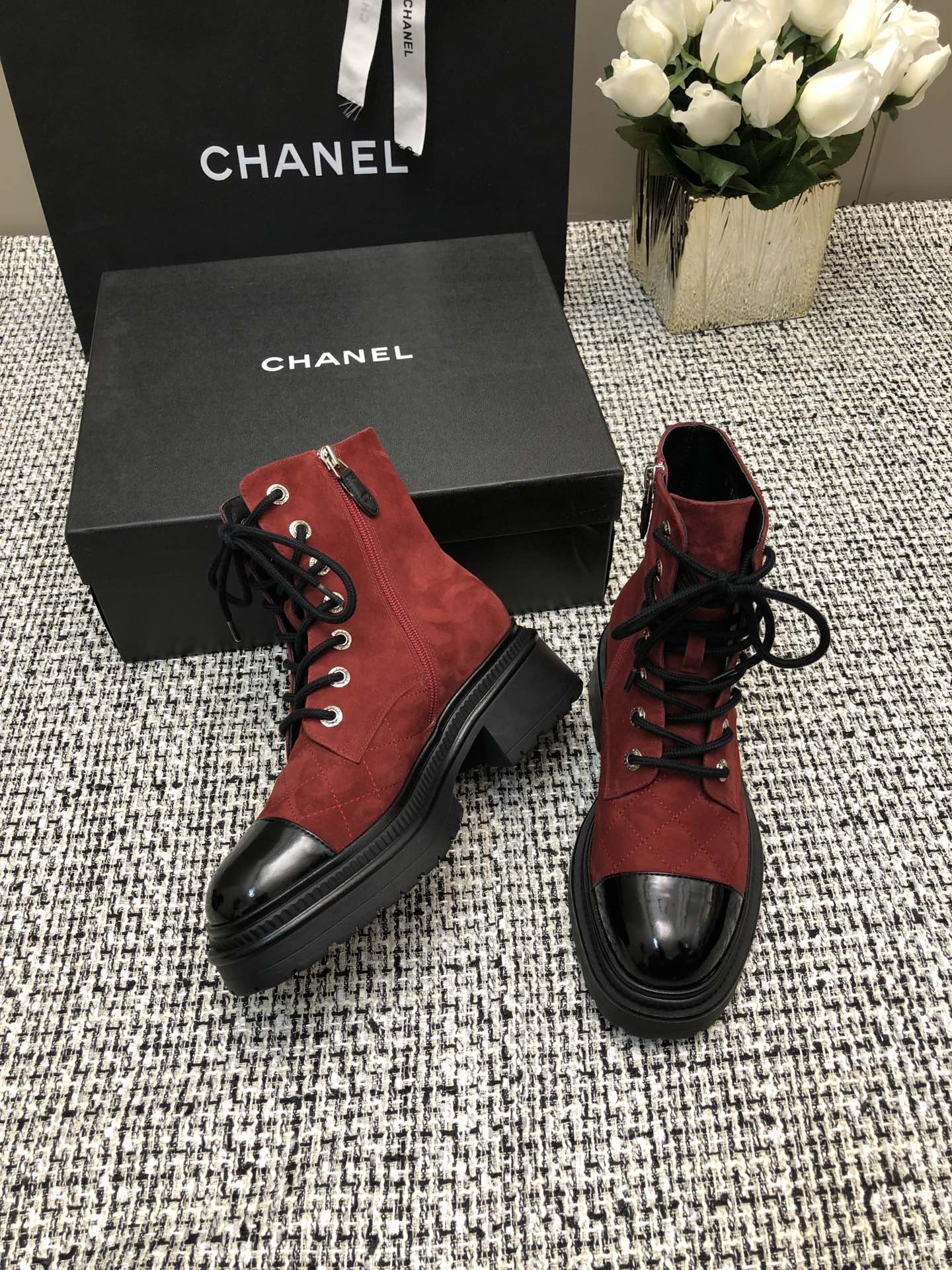 SHORT BOOTS GARNET RED MIX BLACK SUEDE LAMBSKIN - 34