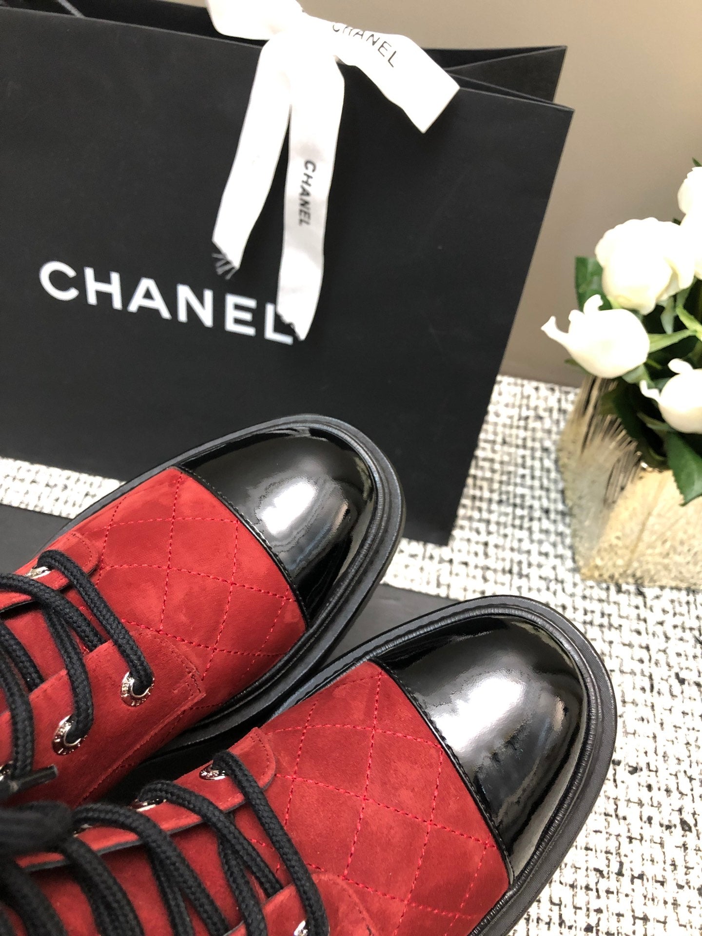 SHORT BOOTS GARNET RED MIX BLACK SUEDE LAMBSKIN - 34