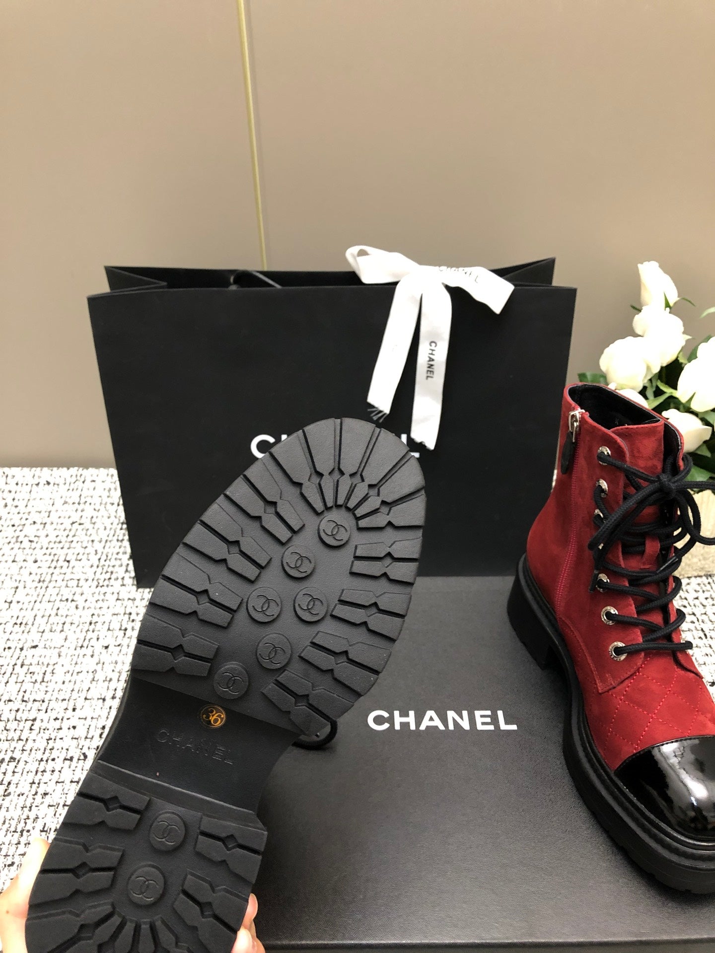 SHORT BOOTS GARNET RED MIX BLACK SUEDE LAMBSKIN - 34