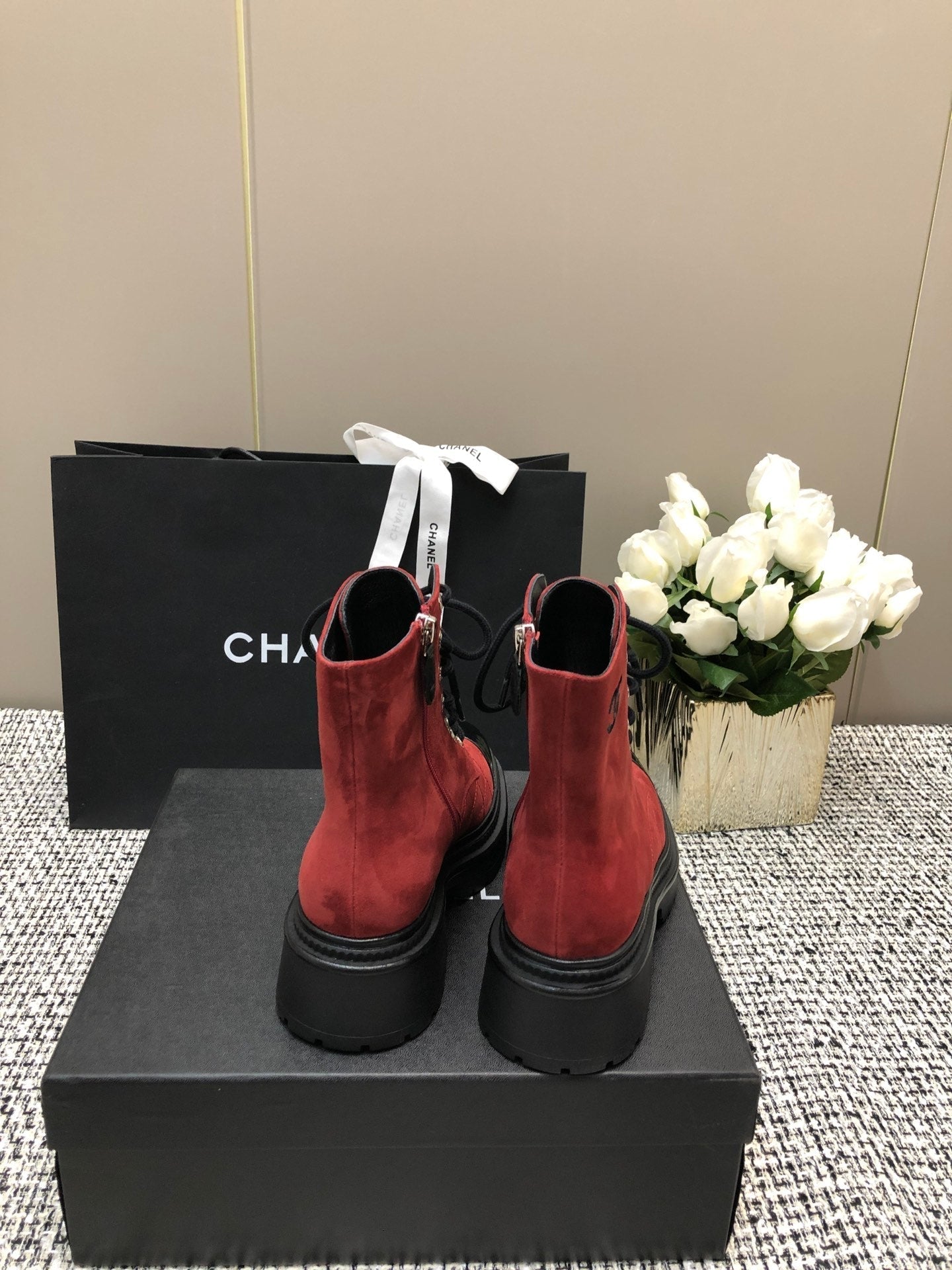 SHORT BOOTS GARNET RED MIX BLACK SUEDE LAMBSKIN - 34