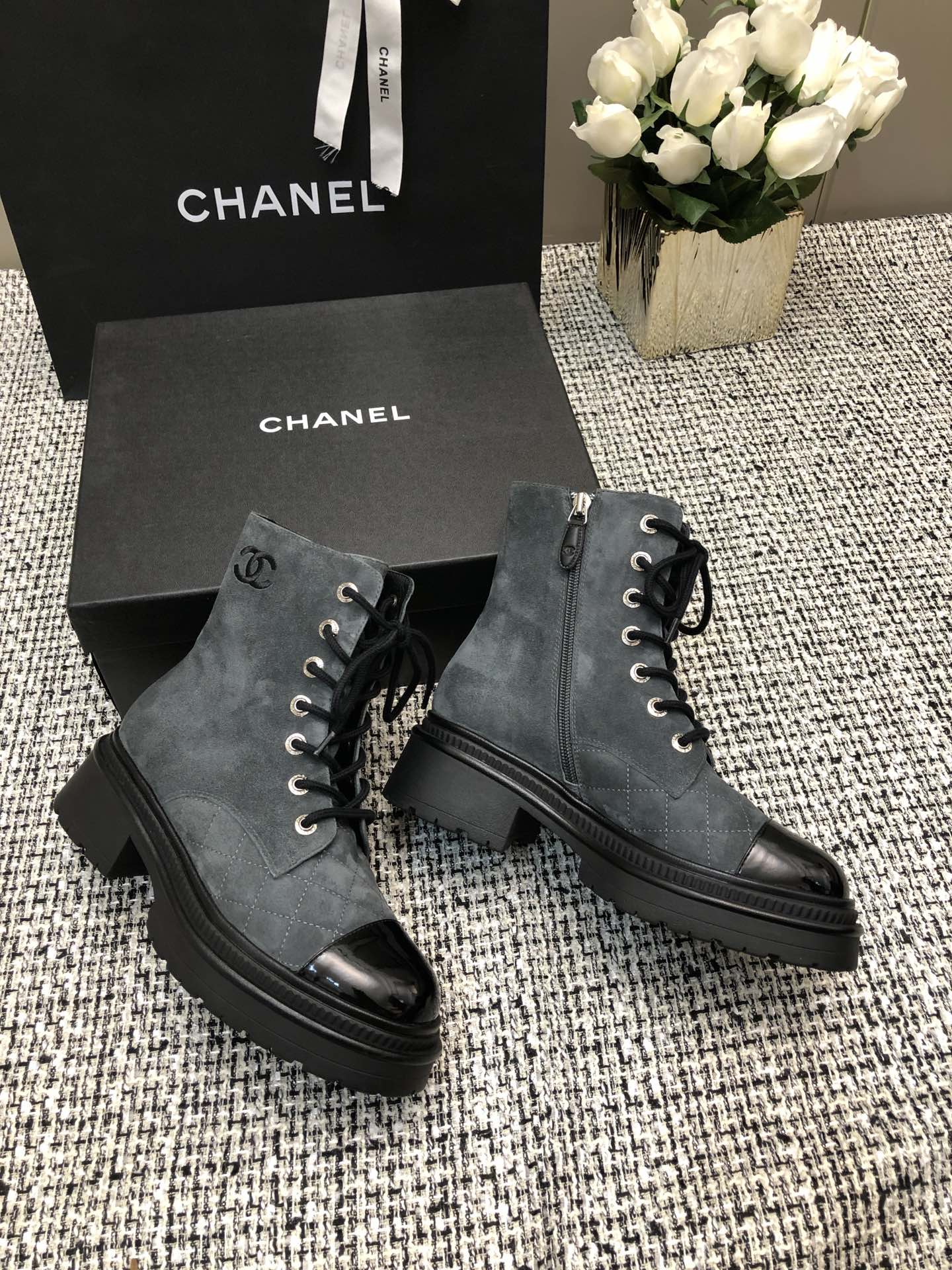 SHORT BOOTS SLATE GREY SUEDE LAMBSKIN - 34