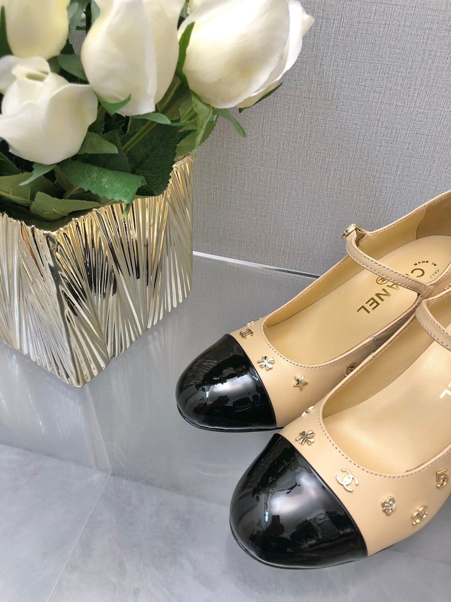 MARY JANE BEIGE CREAM MIX BLACK LAMBSKIN ATTACH METAL - 34