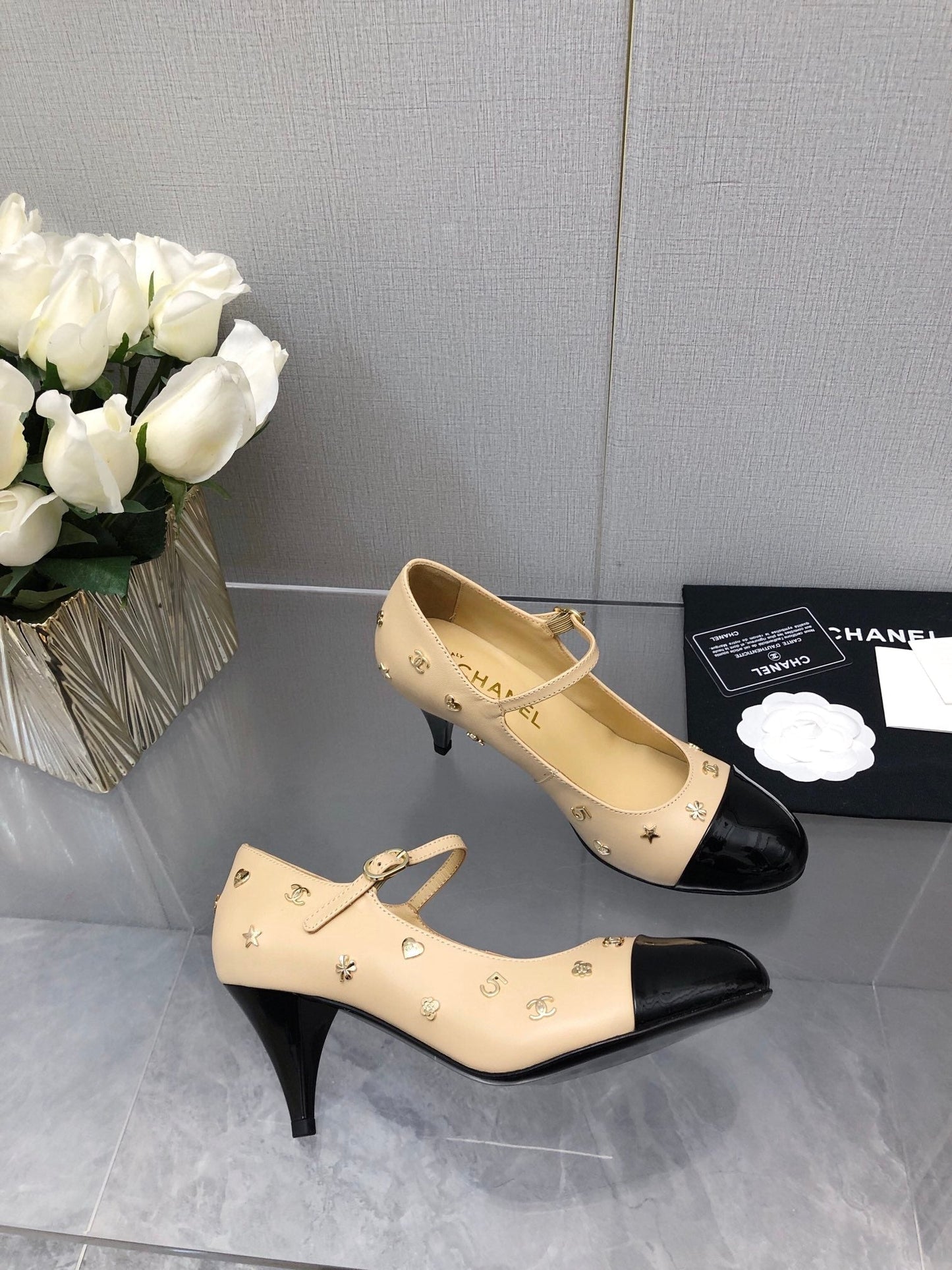 MARY JANE BEIGE CREAM MIX BLACK LAMBSKIN ATTACH METAL - 34