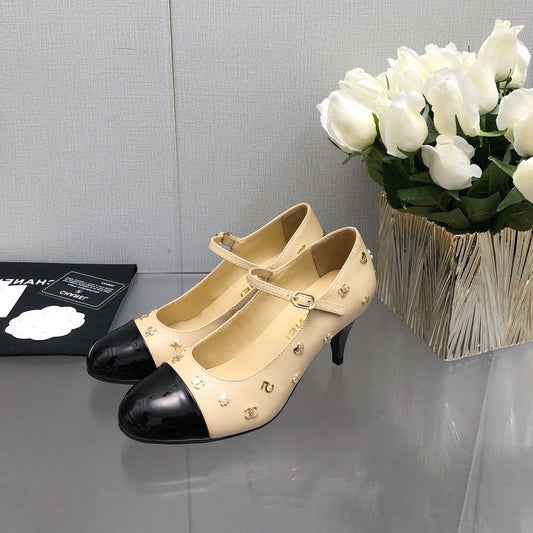 MARY JANE BEIGE CREAM MIX BLACK LAMBSKIN ATTACH METAL - 34