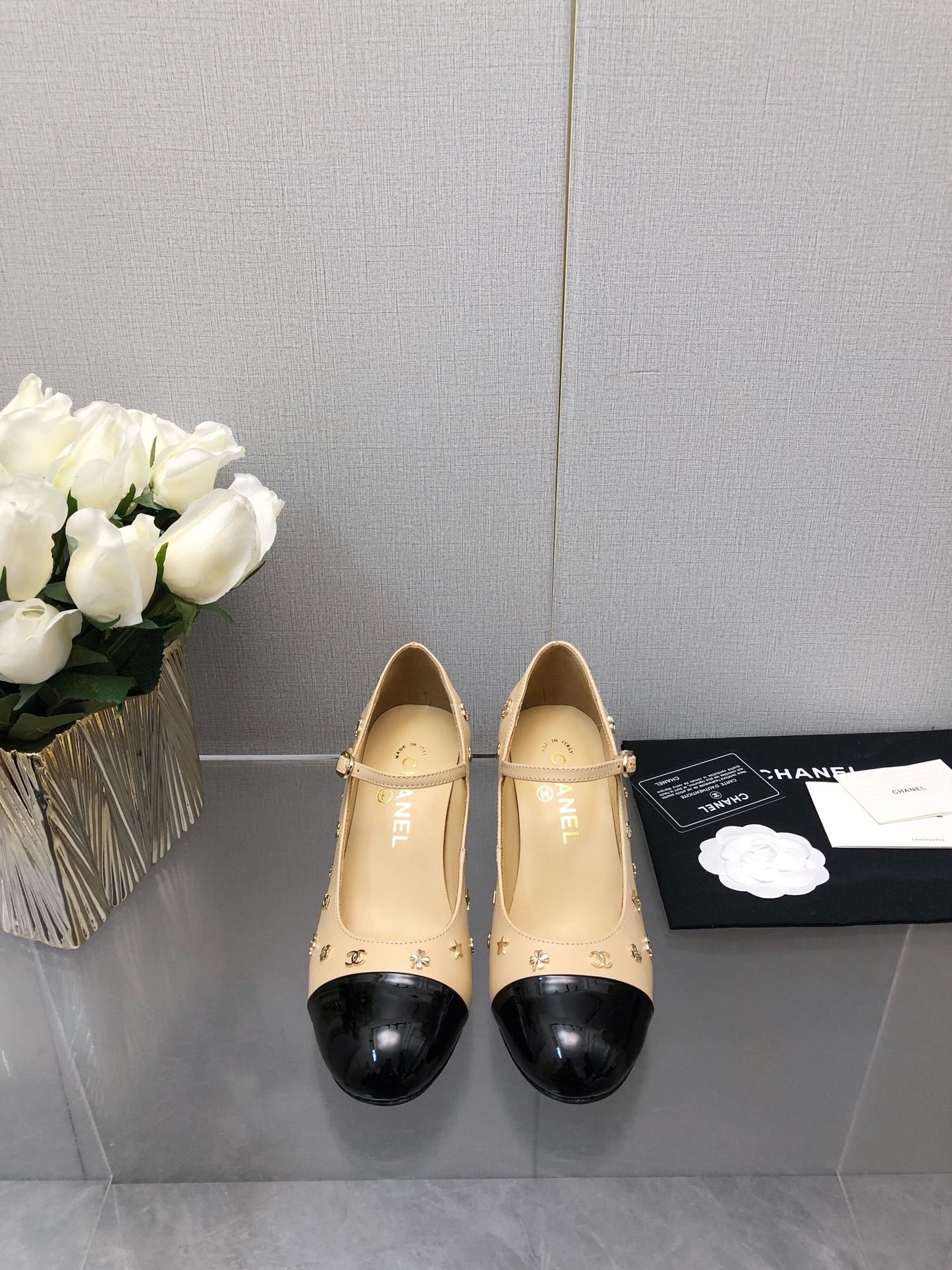 MARY JANE BEIGE CREAM MIX BLACK LAMBSKIN ATTACH METAL - 34