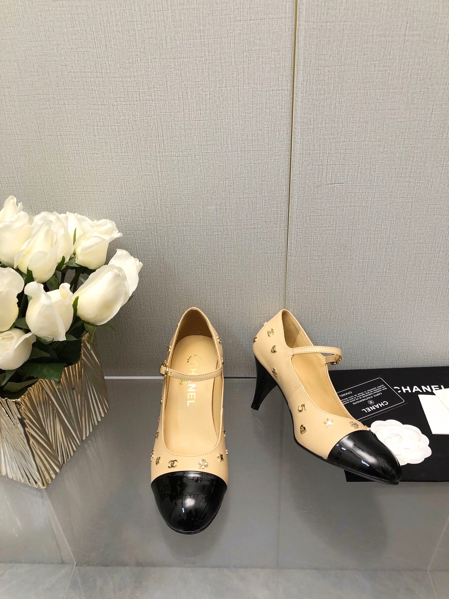 MARY JANE BEIGE CREAM MIX BLACK LAMBSKIN ATTACH METAL - 34