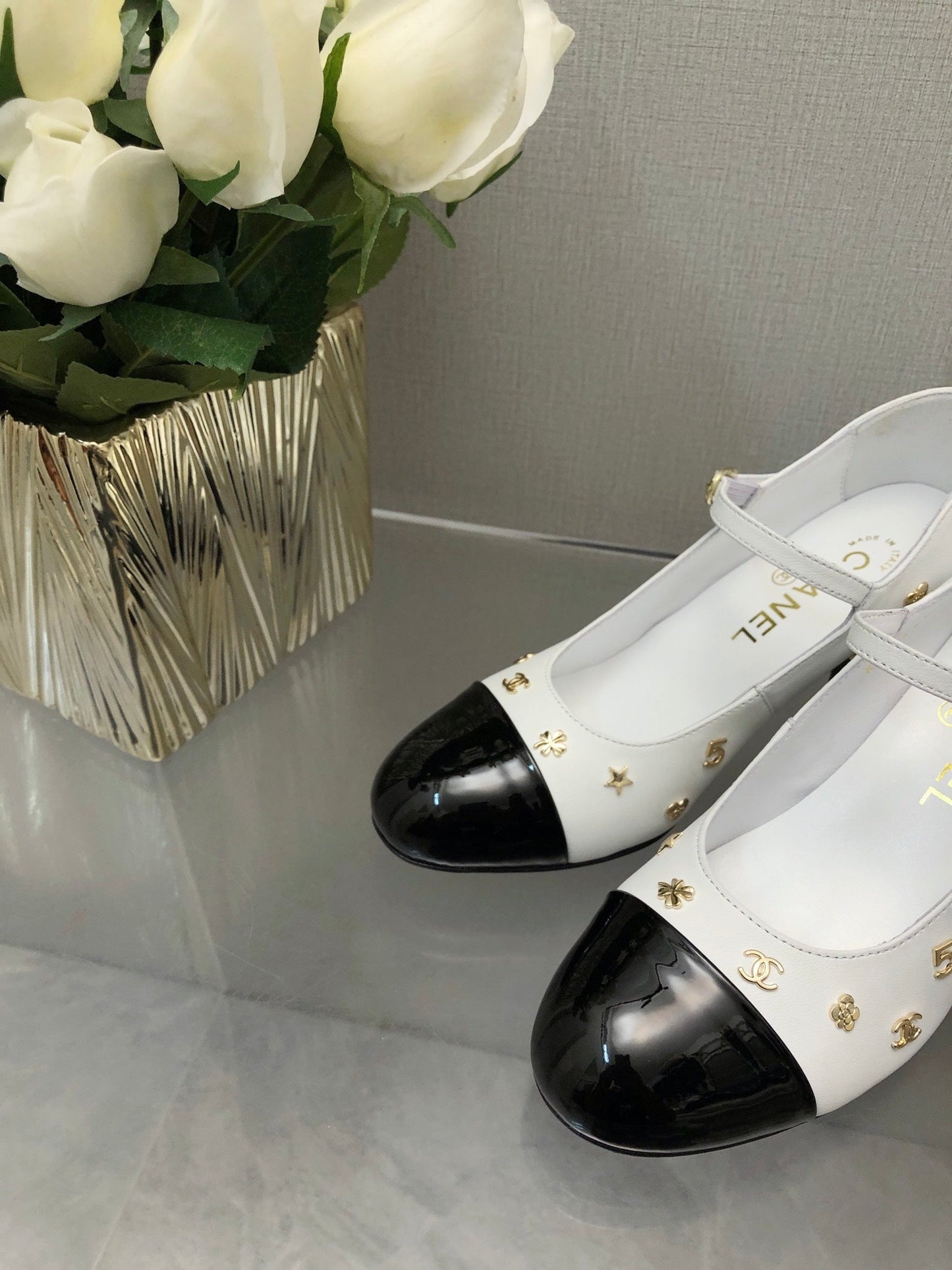 MARY JANE WHITE MIX BLACK LAMBSKIN ATTACH METAL - 34