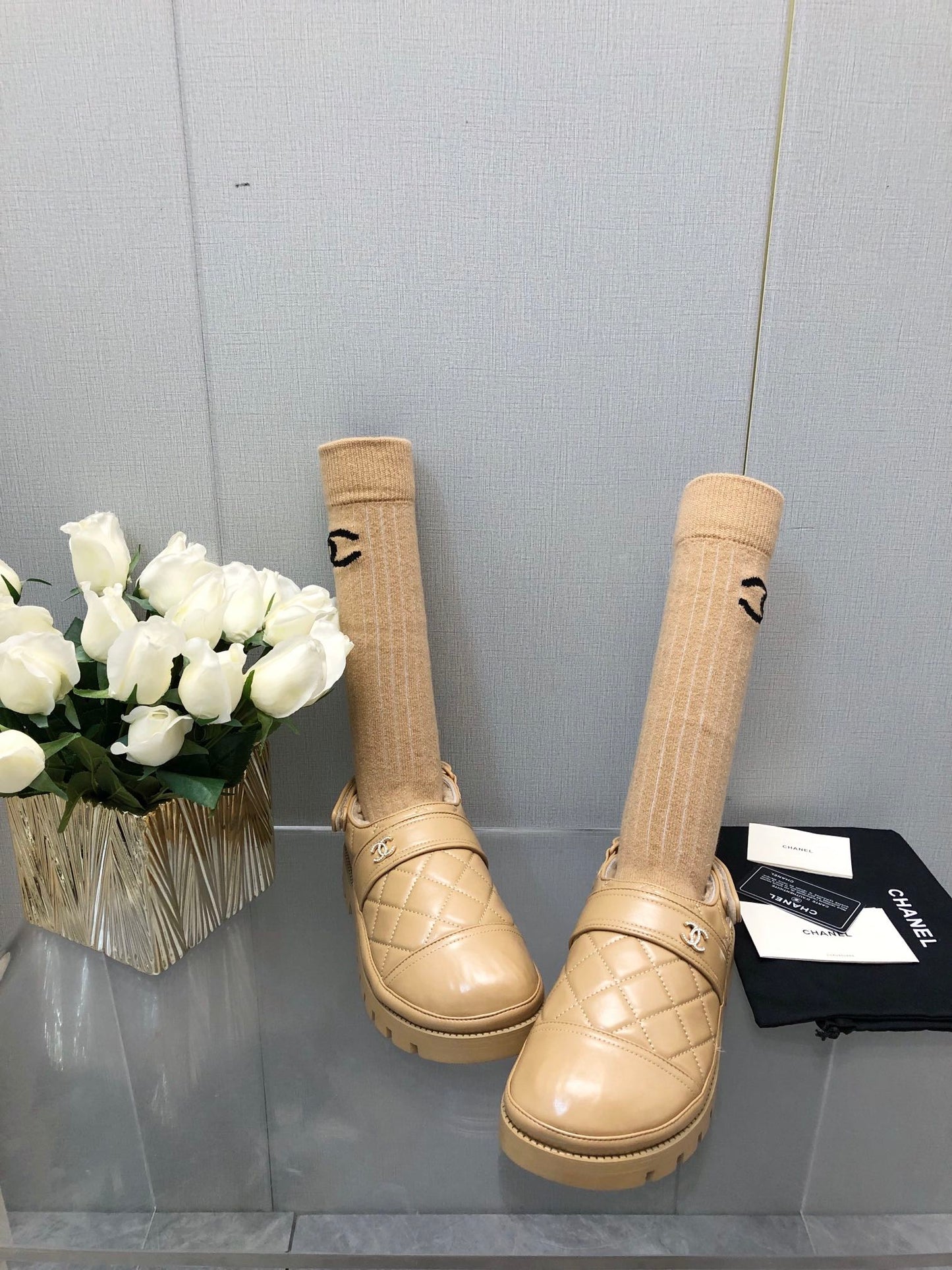 CHUNKY PLATFORM SHEARLING SLIPPER BEIGE CREAM LAMBSKIN - 35