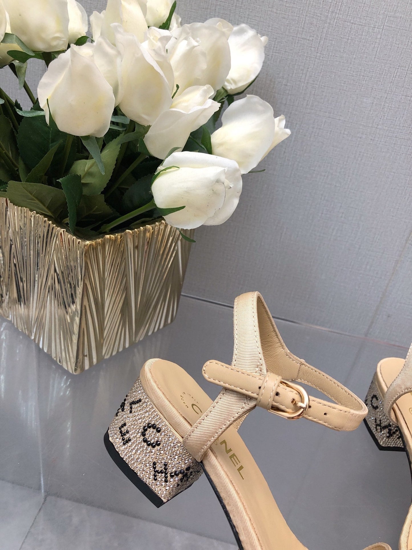 BLOCK HEEL WITH CRYSTAL 5 CM SANDAL IN SAND BROWN FABRIC - 35