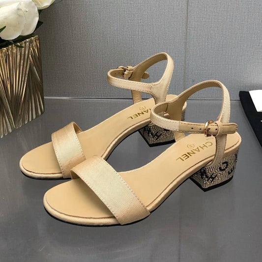 BLOCK HEEL WITH CRYSTAL 5 CM SANDAL IN SAND BROWN FABRIC - 35