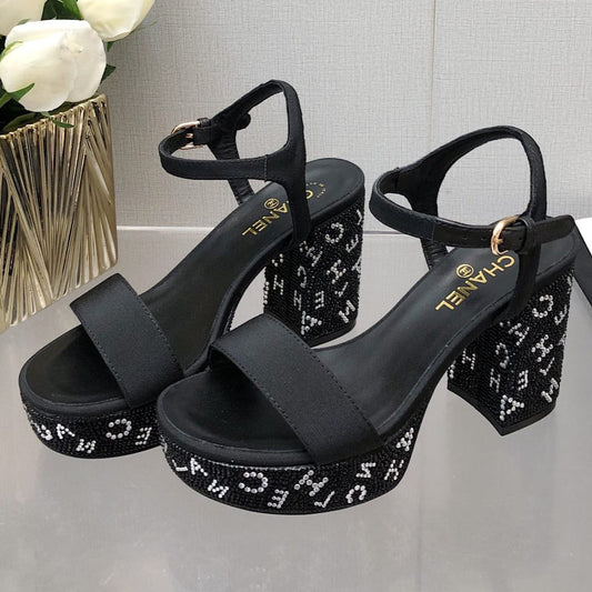BLOCK HEEL WITH CRYSTAL 9 CM SANDAL IN BLACK FABRIC - 35