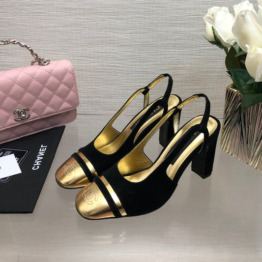 HIGH SLINGBACKS IN BLACK SUEDE AND GOLDEN LAMBSKIN - 35