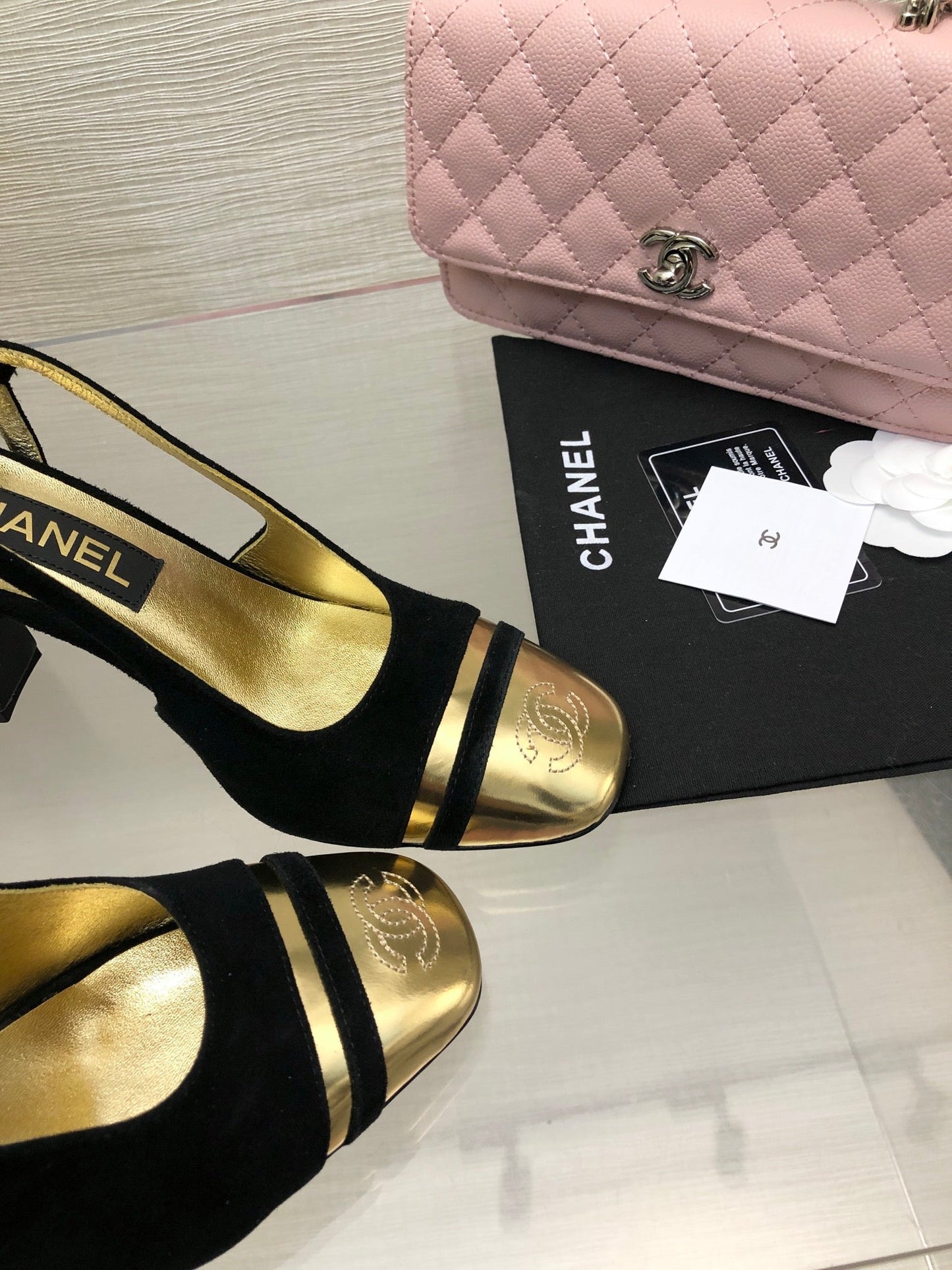 HIGH SLINGBACKS IN BLACK SUEDE AND GOLDEN LAMBSKIN - 35