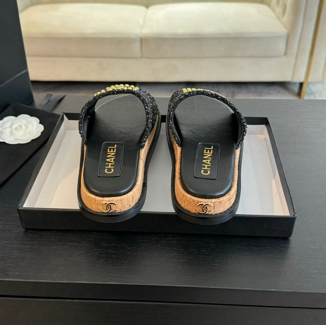 Double C Wood Grain Platform Slippers Black Wool - 35