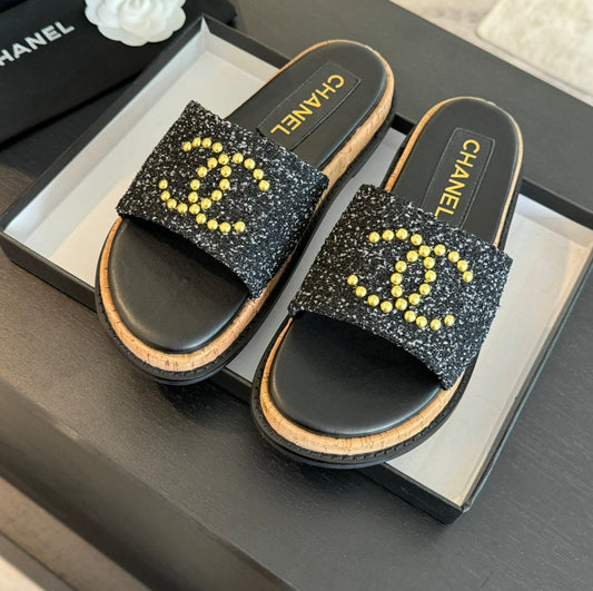 Double C Wood Grain Platform Slippers Black Wool - 35