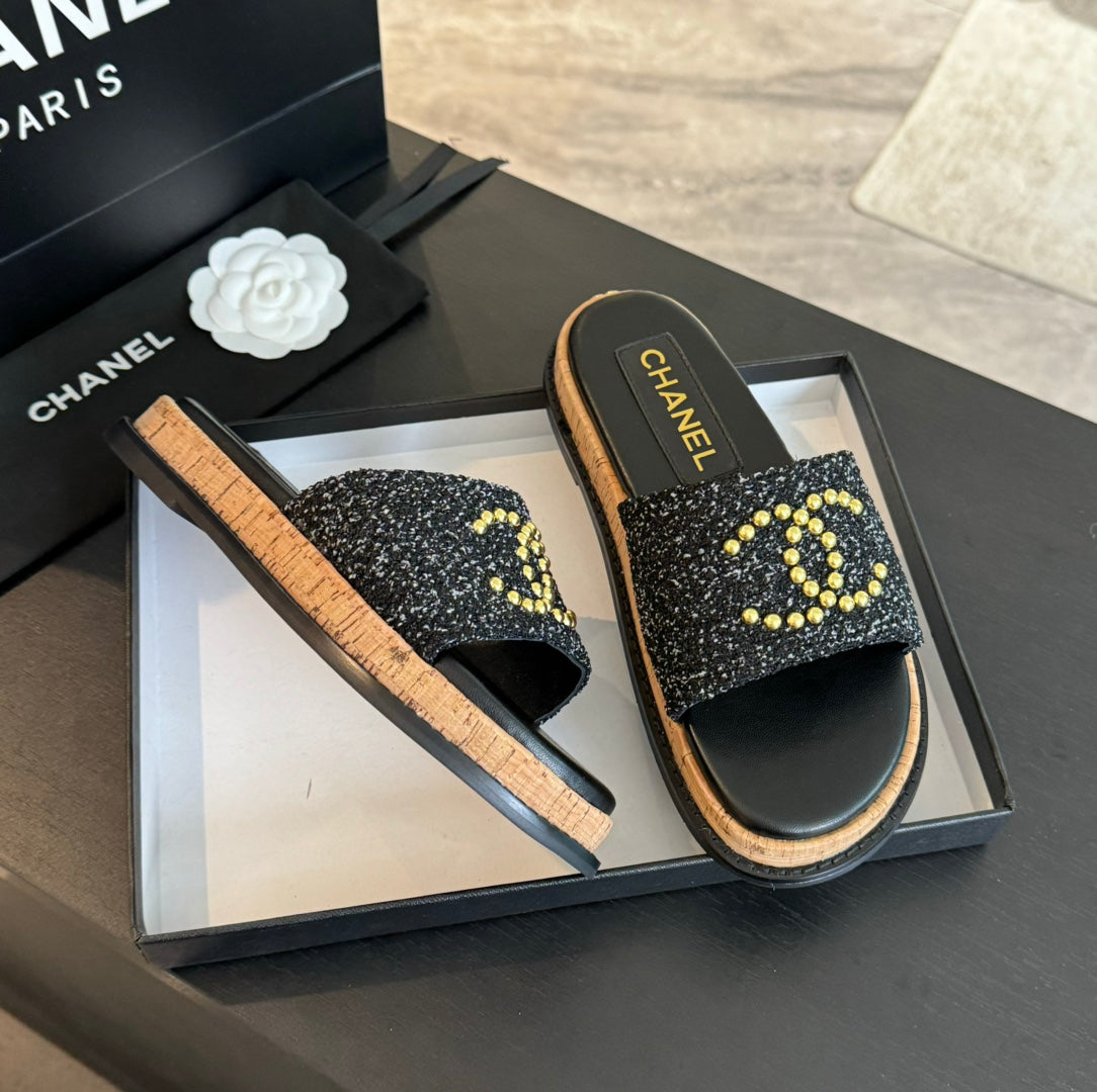 Double C Wood Grain Platform Slippers Black Wool - 35