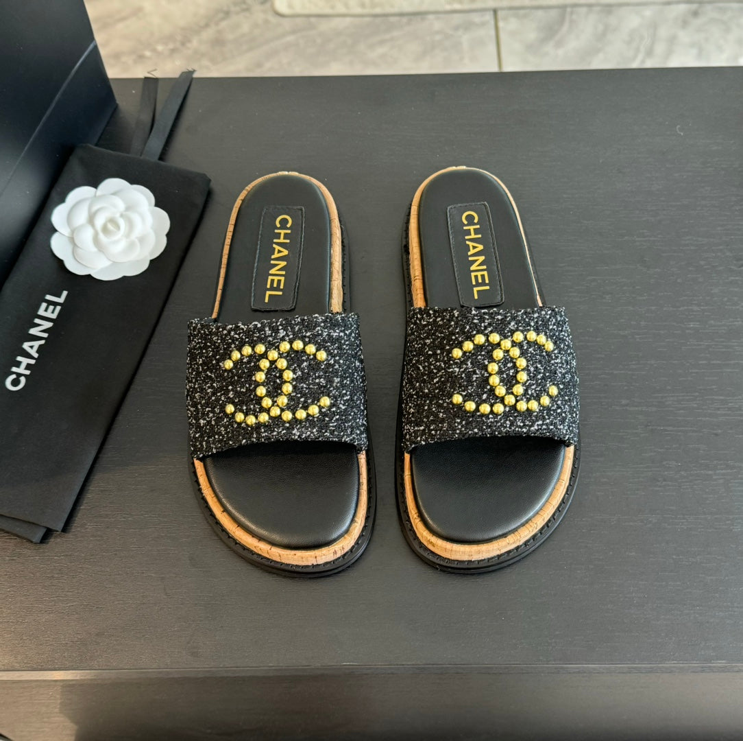 Double C Wood Grain Platform Slippers Black Wool - 35