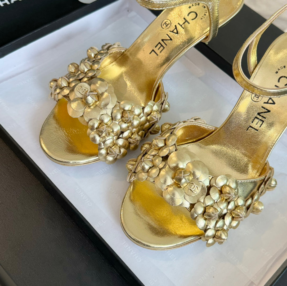 CC Little Camellia World Thin High Sandals Gold Lambskin - 35