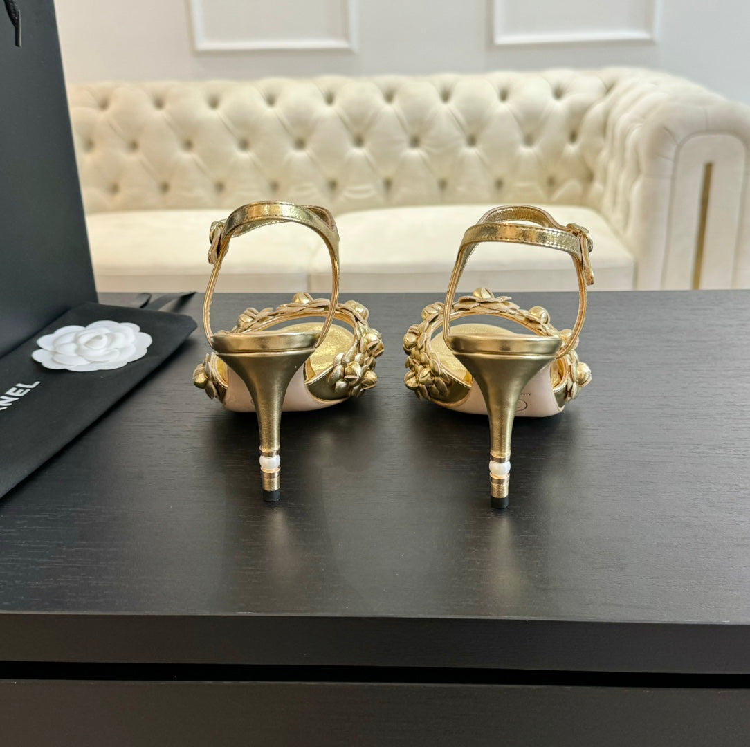 CC Little Camellia World Thin High Sandals Gold Lambskin - 35