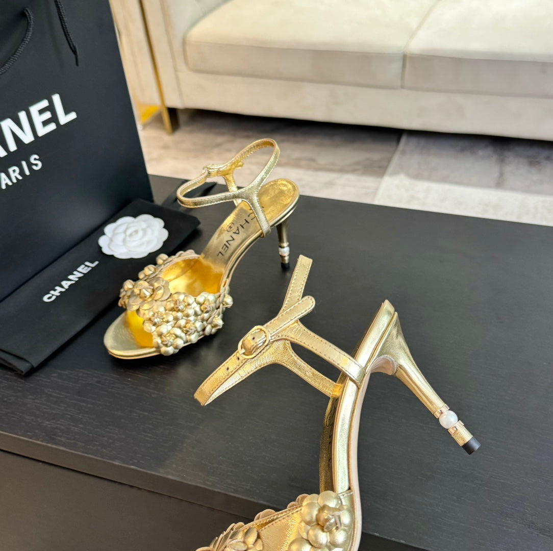 CC Little Camellia World Thin High Sandals Gold Lambskin - 35