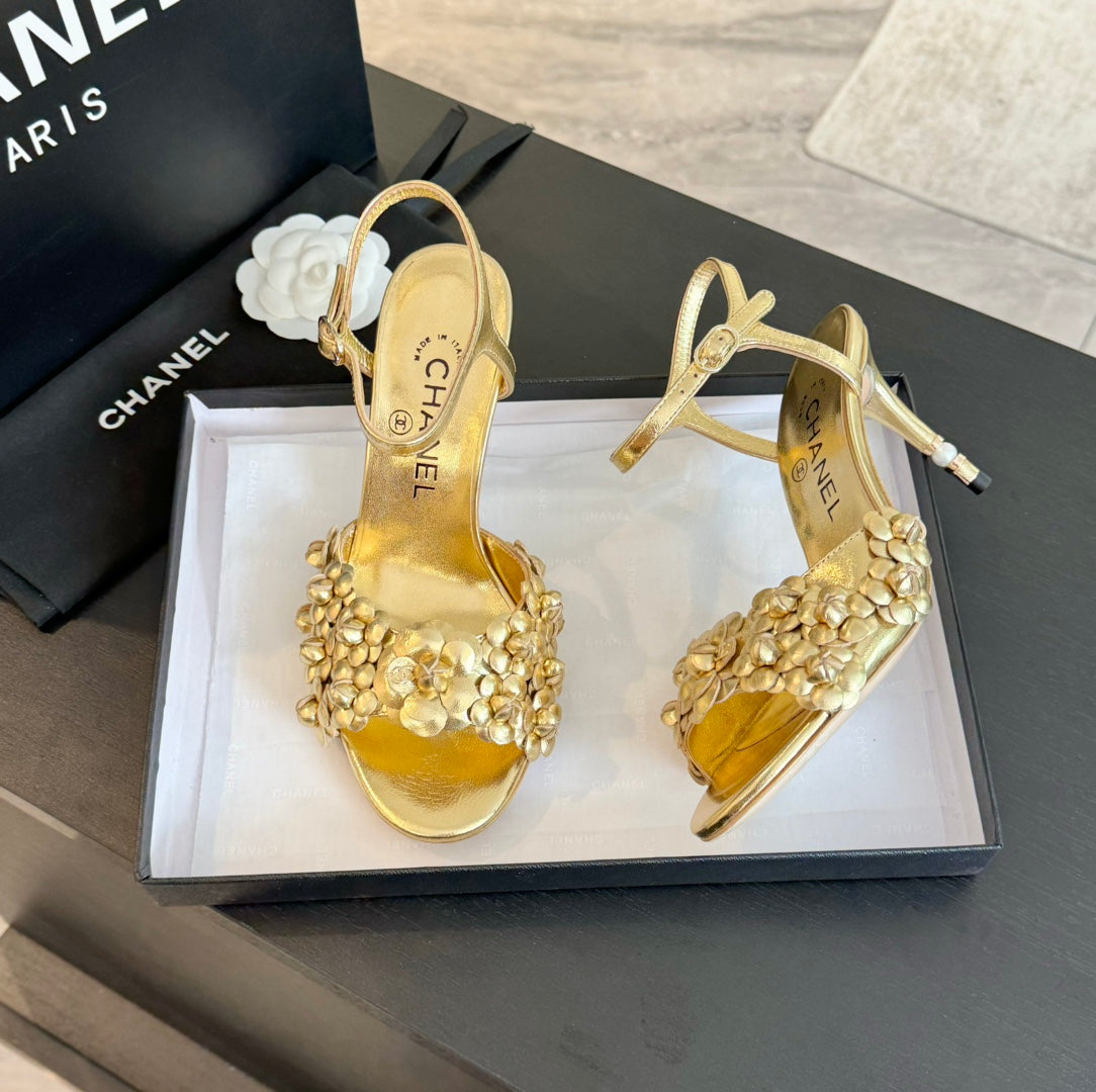 CC Little Camellia World Thin High Sandals Gold Lambskin - 35