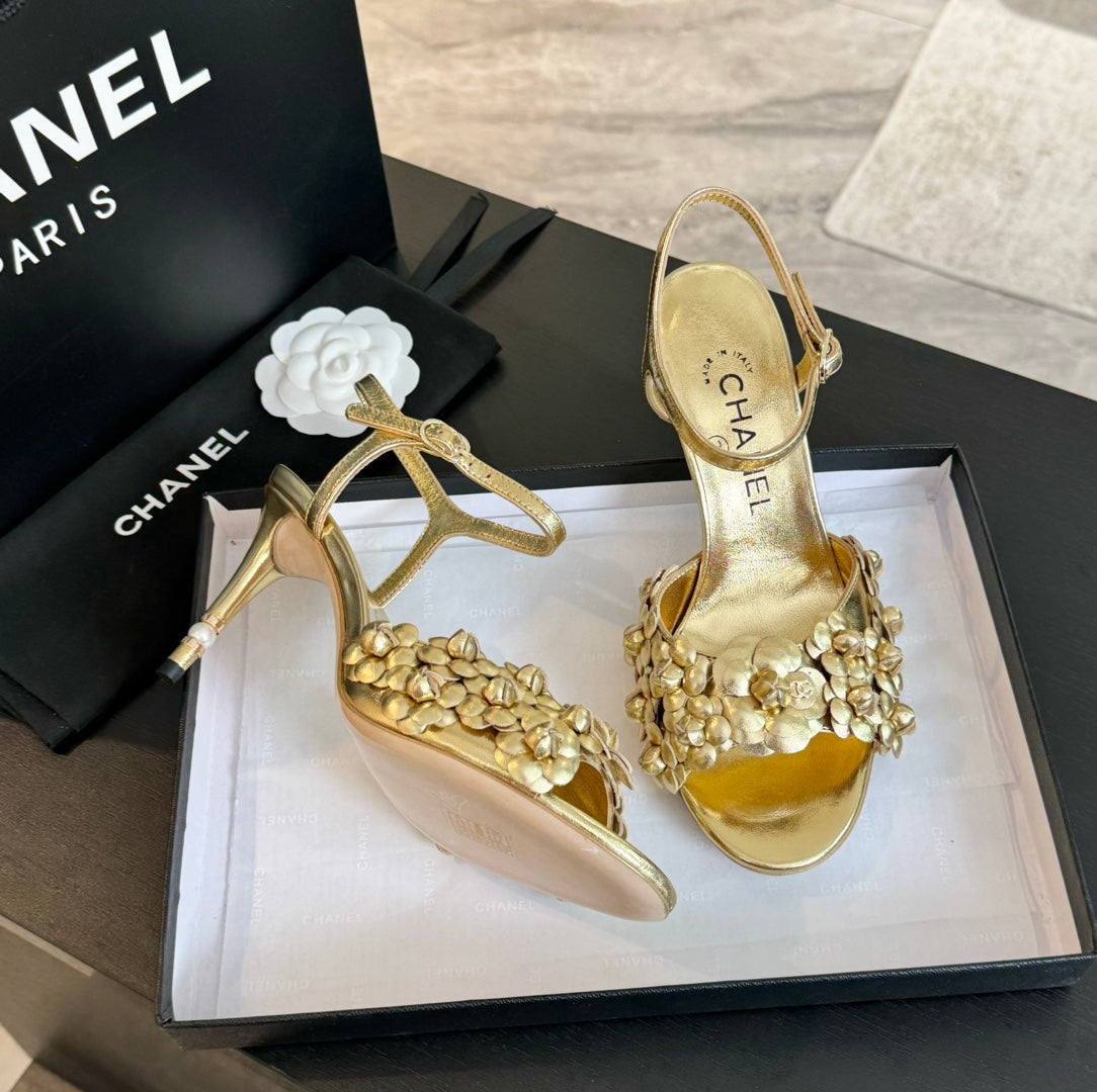 CC Little Camellia World Thin High Sandals Gold Lambskin - 35