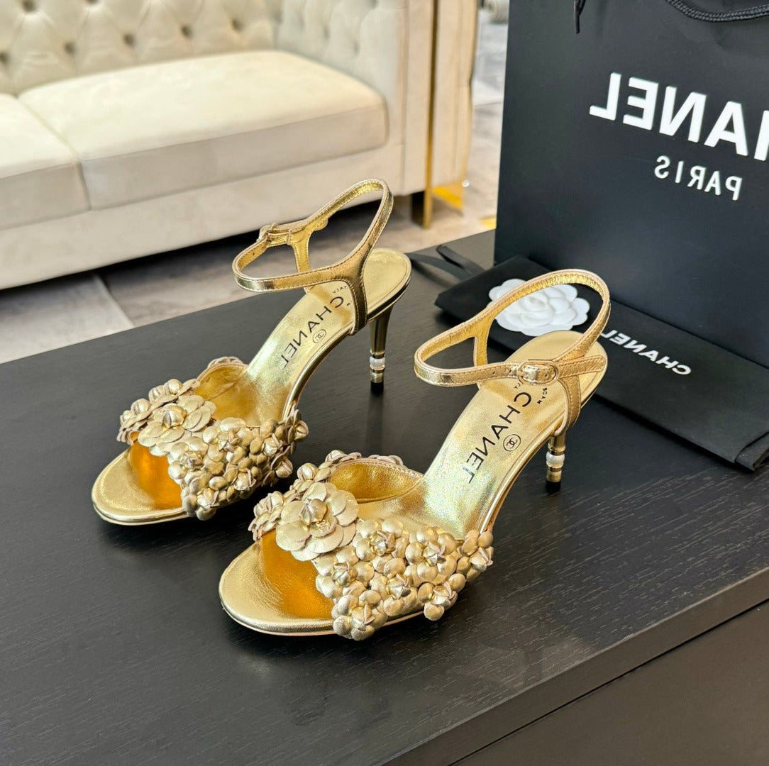 CC Little Camellia World Thin High Sandals Gold Lambskin - 35