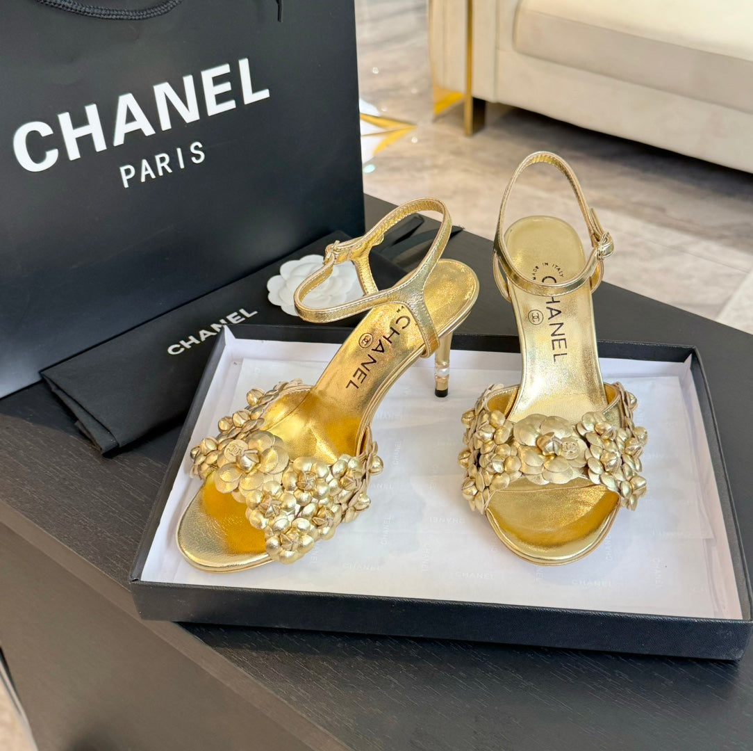 CC Little Camellia World Thin High Sandals Gold Lambskin - 35