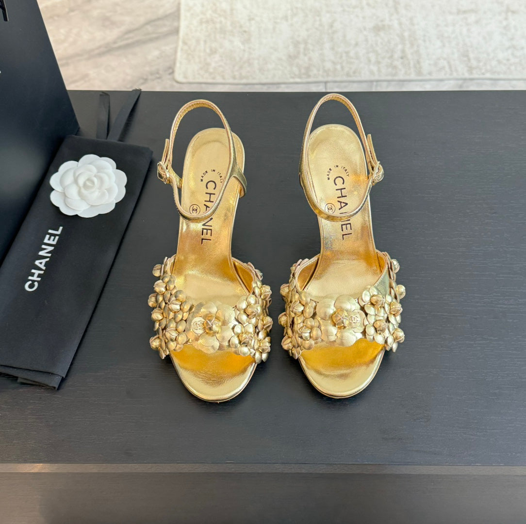 CC Little Camellia World Thin High Sandals Gold Lambskin - 35