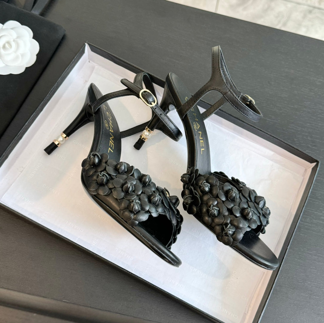 CC Little Camellia World Thin High Sandals Black Lambskin - 35