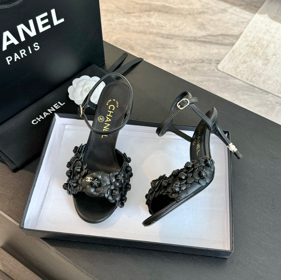 CC Little Camellia World Thin High Sandals Black Lambskin - 35