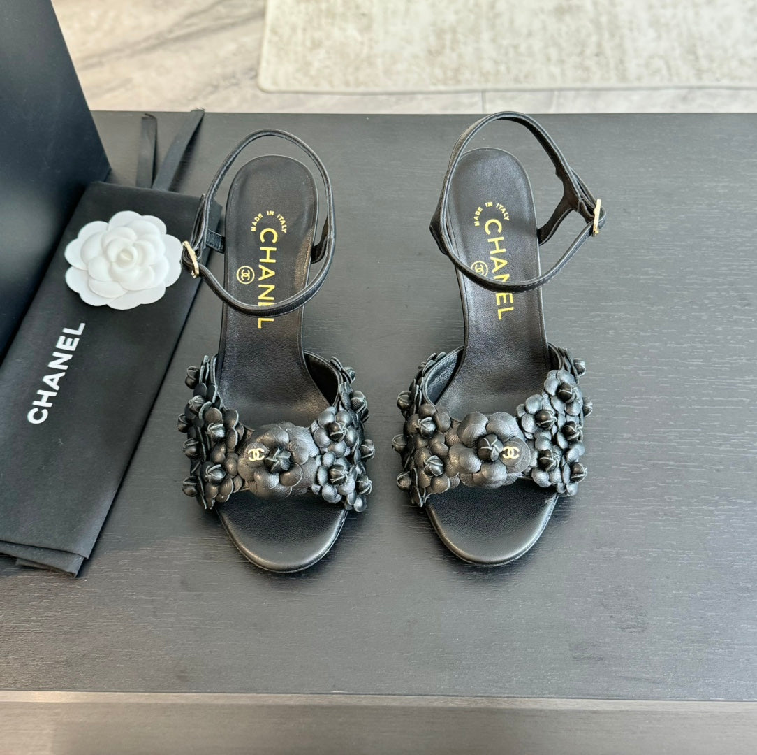 CC Little Camellia World Thin High Sandals Black Lambskin - 35