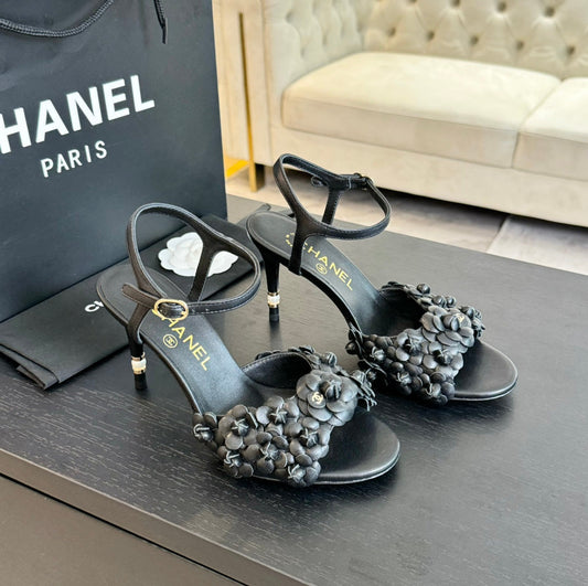 CC Little Camellia World Thin High Sandals Black Lambskin - 35