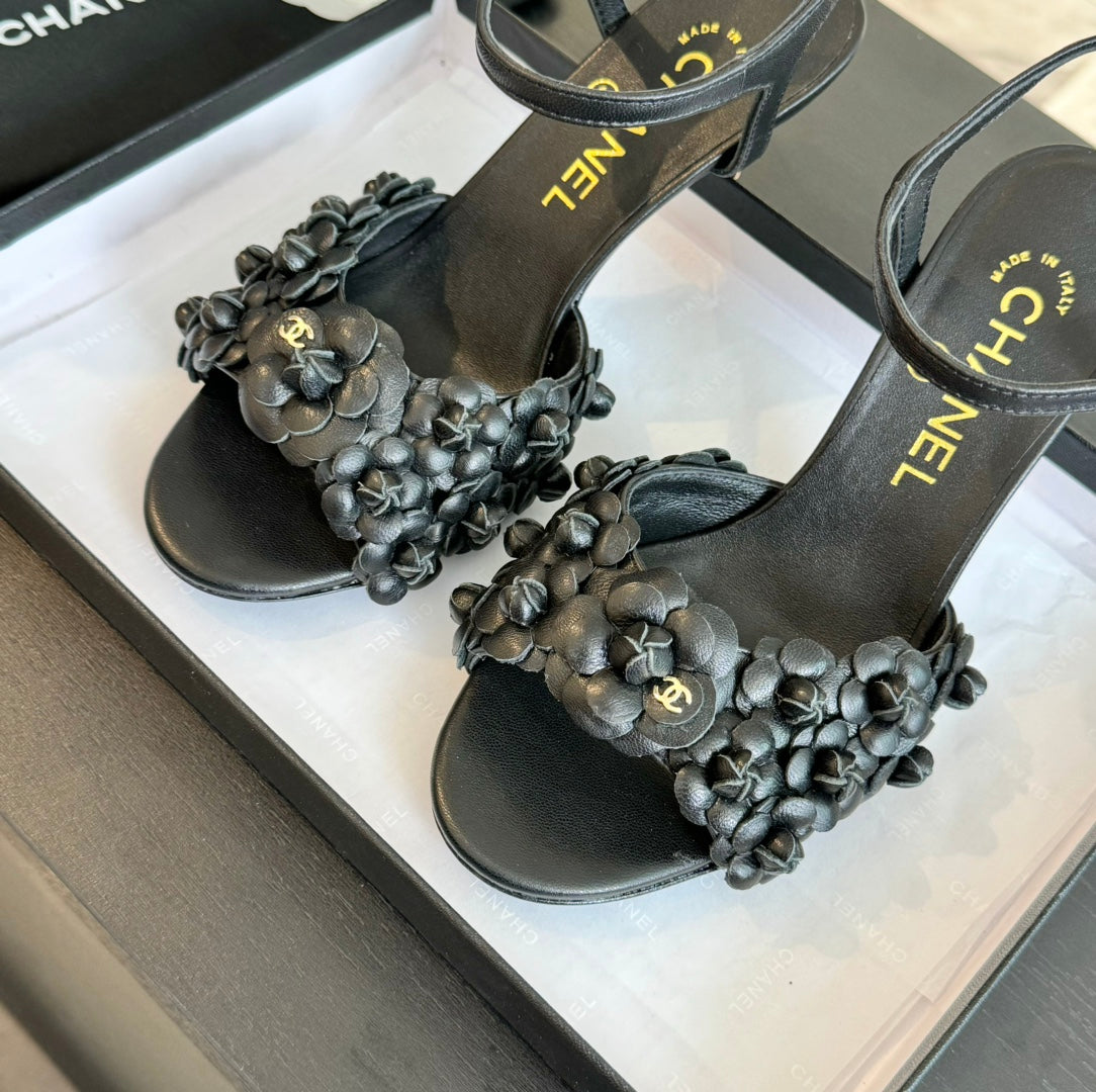 CC Little Camellia World Thin High Sandals Black Lambskin - 35