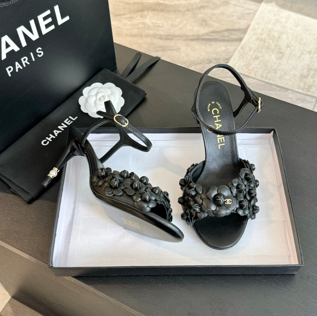CC Little Camellia World Thin High Sandals Black Lambskin - 35